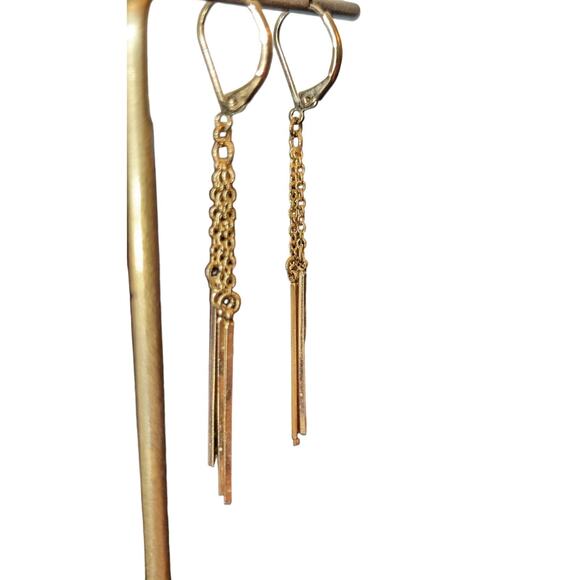 Triple Chain Bar Dangle Gold Tone Leverback Earrings - Picture 2 of 4